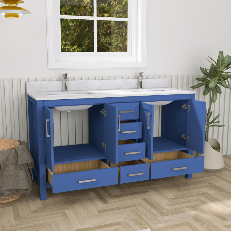 Meuble-lavabo 60 po avec lavabo double et trou pour robinet 60 po Premium, Bleu, Nickel brossé