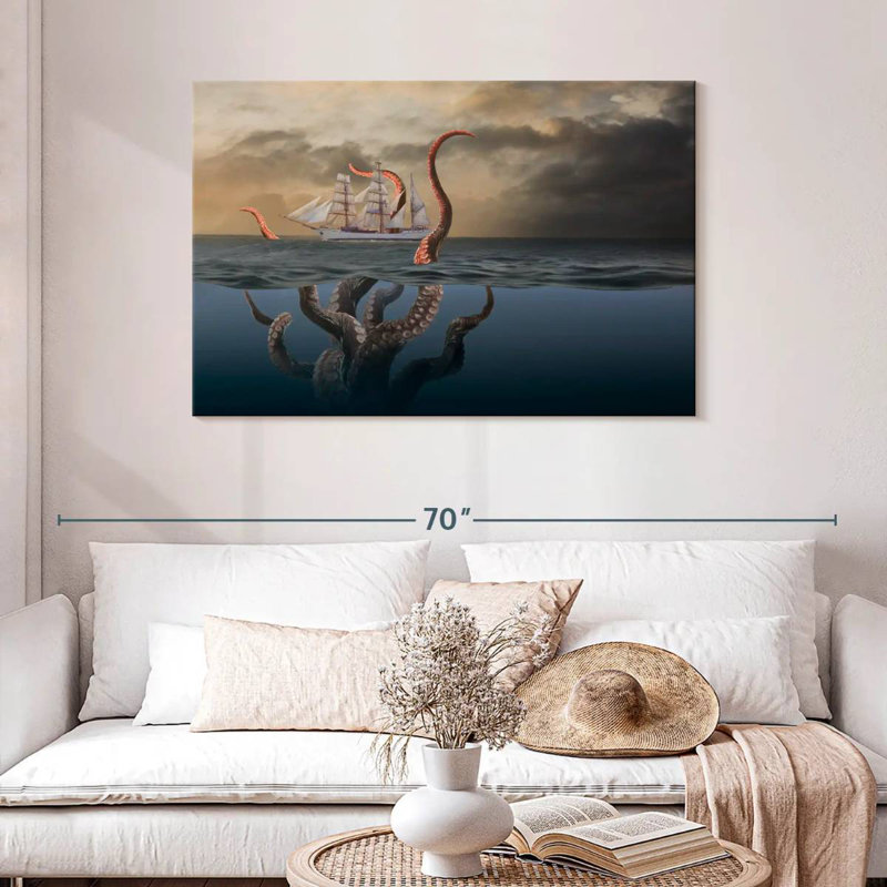 Octopus géant Kelan attaquant un navire, H 30 po x l 45 po