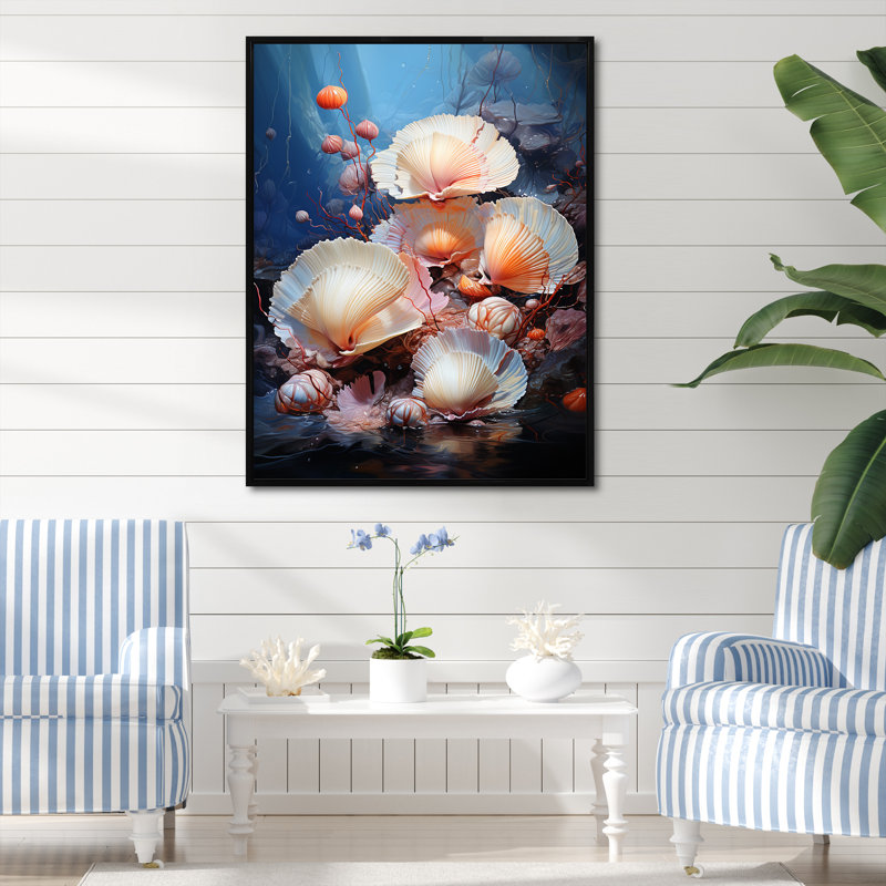 Underwater Dreams Aquatic Clam - Art mural de salon palourdes, H 32 po x l 24 po x P 1 po, Cadre flottant noir