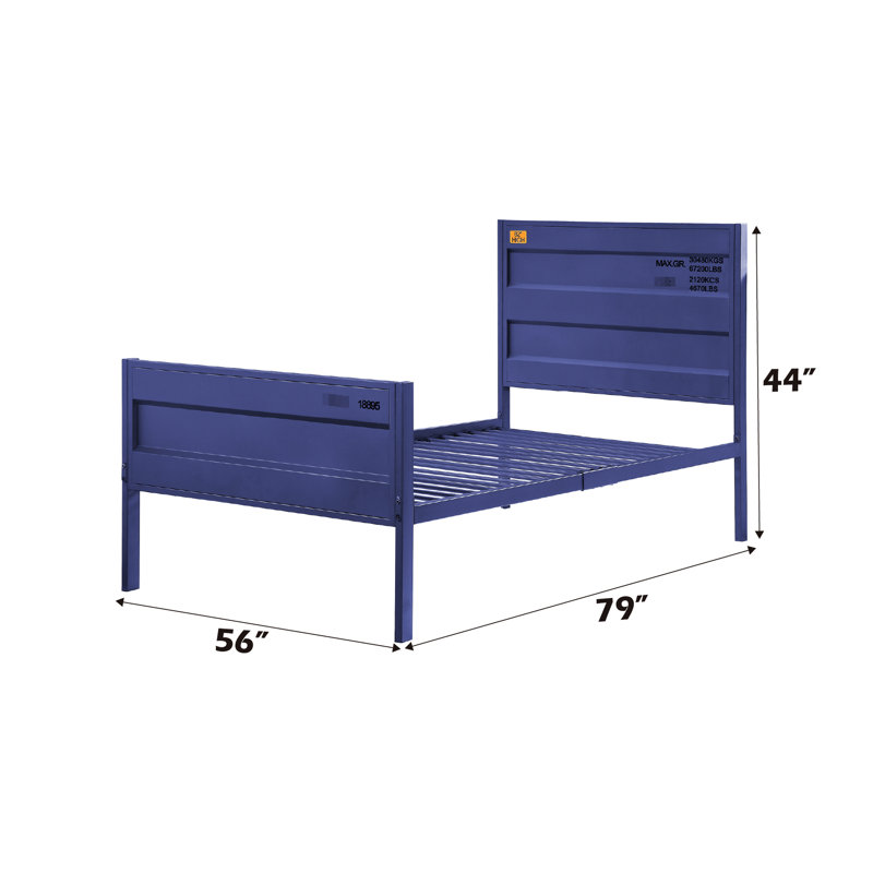 Lit double avec finition cargaison bleue, structure en métal, pieds droits, profondeur de 79 po, largeur de 56 po, cadre de finition de 44 po de hauteur, style de contenant, 21 lattes, sans sommier, long