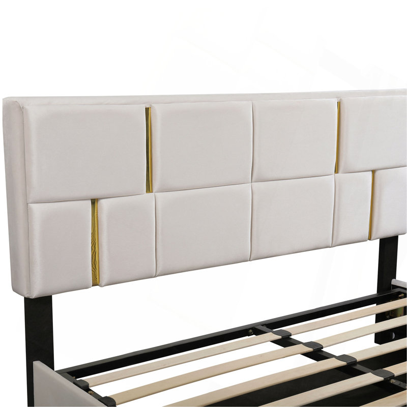 Grand lit plateforme tapissier avec système de rangement hydraulique, sans sommier tapissier, beige