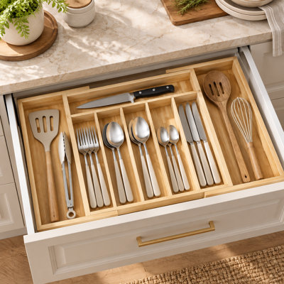 Silverware Organizer - Expandable Bamboo Kitchen Drawer Organizer for Cooking Utensils and Cutlery, Sturdy & Thickened Kitchen Organizers and Storage Solution, Large, Natural