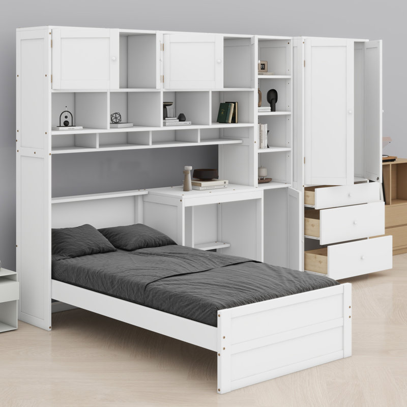 Space-Saving Wooden Platform Bed with Desk, Wardrobe, Drawers and Storage Shelves, White