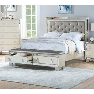 Glam Luxurious 1Pc California King Size Bed W Drawers Footboard Silver Mirror Accents Tufted Headboard Bedroom Furniture