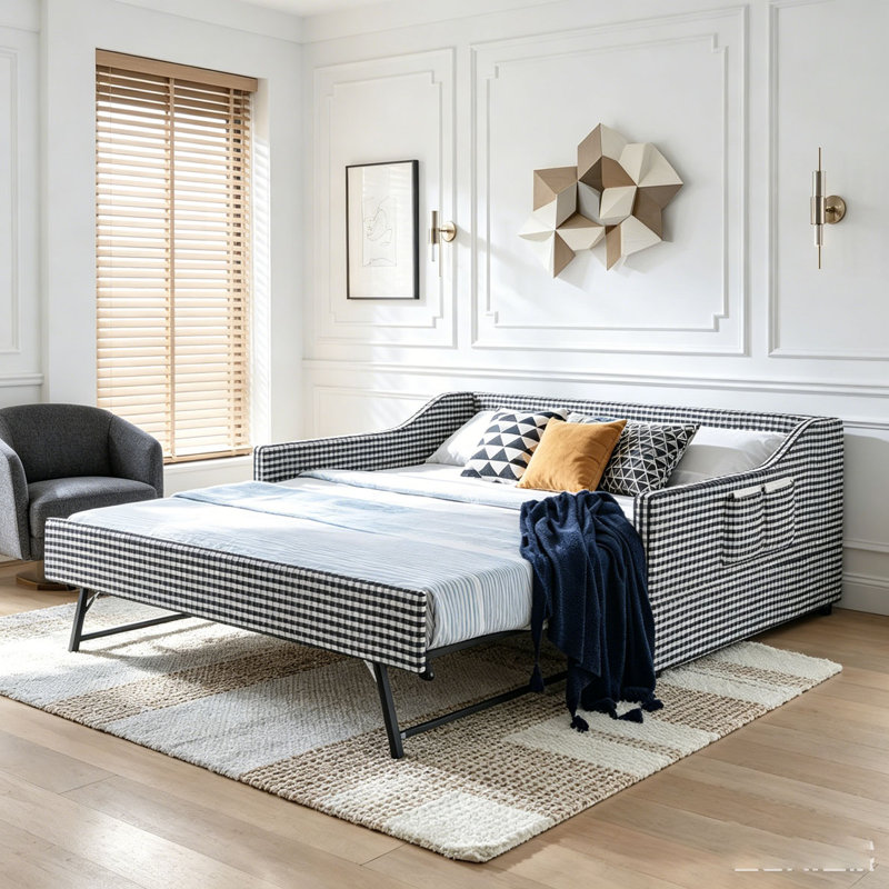 Upholstered Convertible Daybed with Tufted Button Backrest, 3‑in‑1 Versatile Sofa Bed with Pull‑Out Trundle & Side Storage