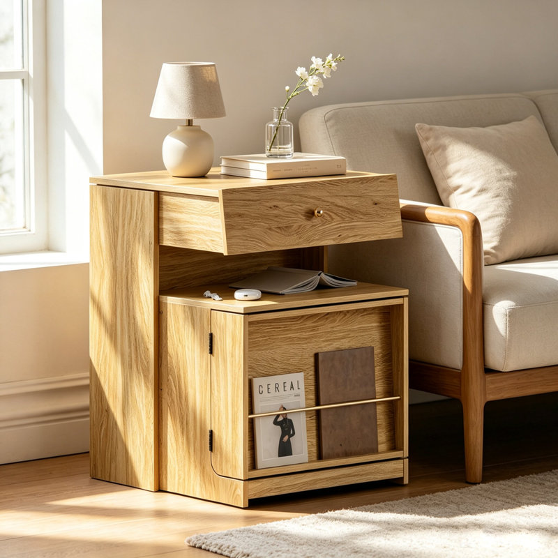 Table de chevet fonctionnelle avec éclairage DEL réglable, port de chargement intégré, tiroir et placard dissimulé pour chambre à coucher