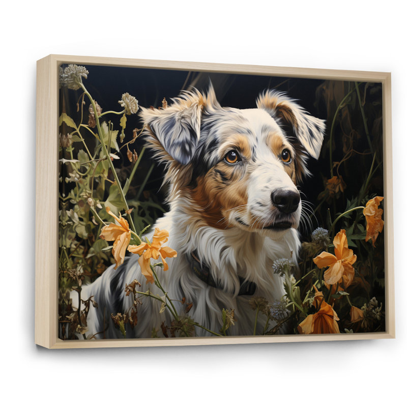 " Dog Inquisitive Canine Pastoral ", 16" H x 32" W, Natural Floater Framed