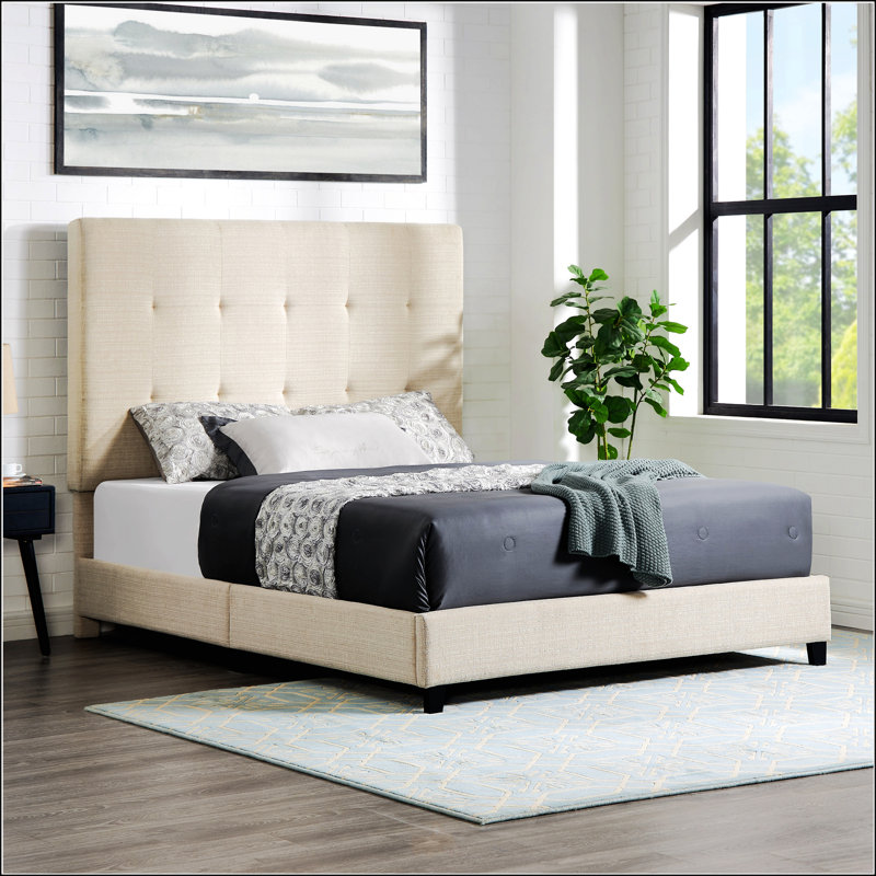 Queen Size Beige Tufted Upholstered Platform Bed