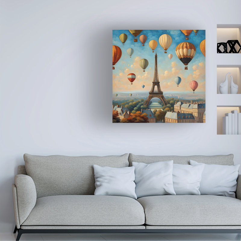 Art sur toile «Bachelor Tina Lavoie, montgolfières en vol à Paris», H 14 po x l 14 po