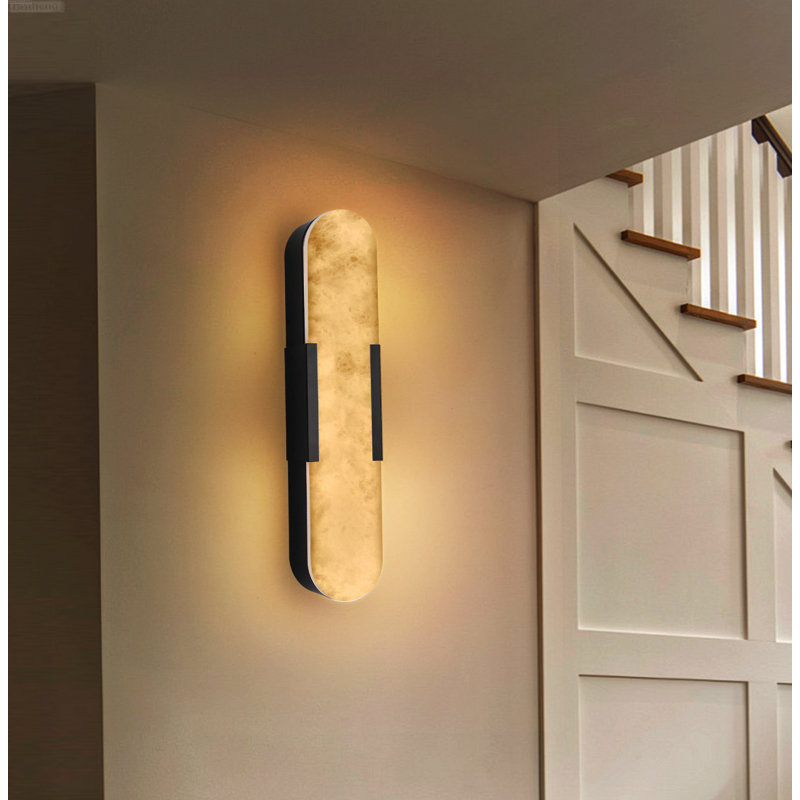 Ensemble de 2 appliques murales linéaires modernes à DEL intégrées en albâtre naturel, noir mat, Matte Black, L