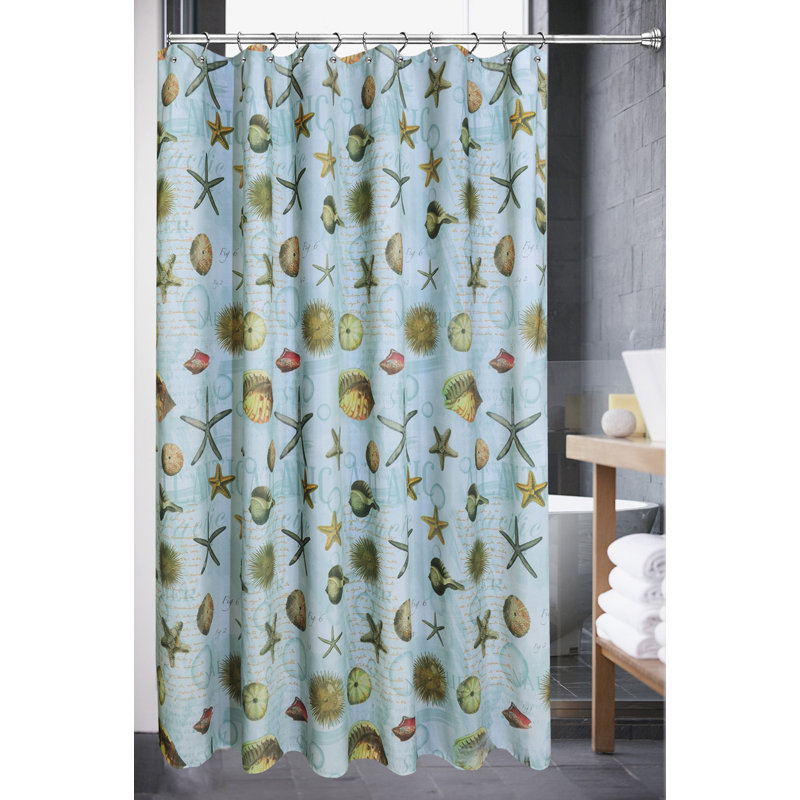 Coastal Blue and White Polyester Shower Curtain with Seashells