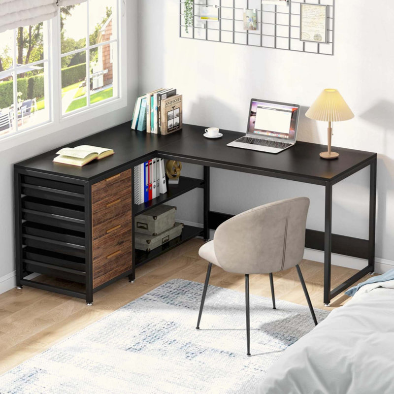 L-Shaped Computer Desk With Drawers And Storage Shelves, Reversible Corner Office Desk Workstation, Home Office Study Writing Table With File Cabinets