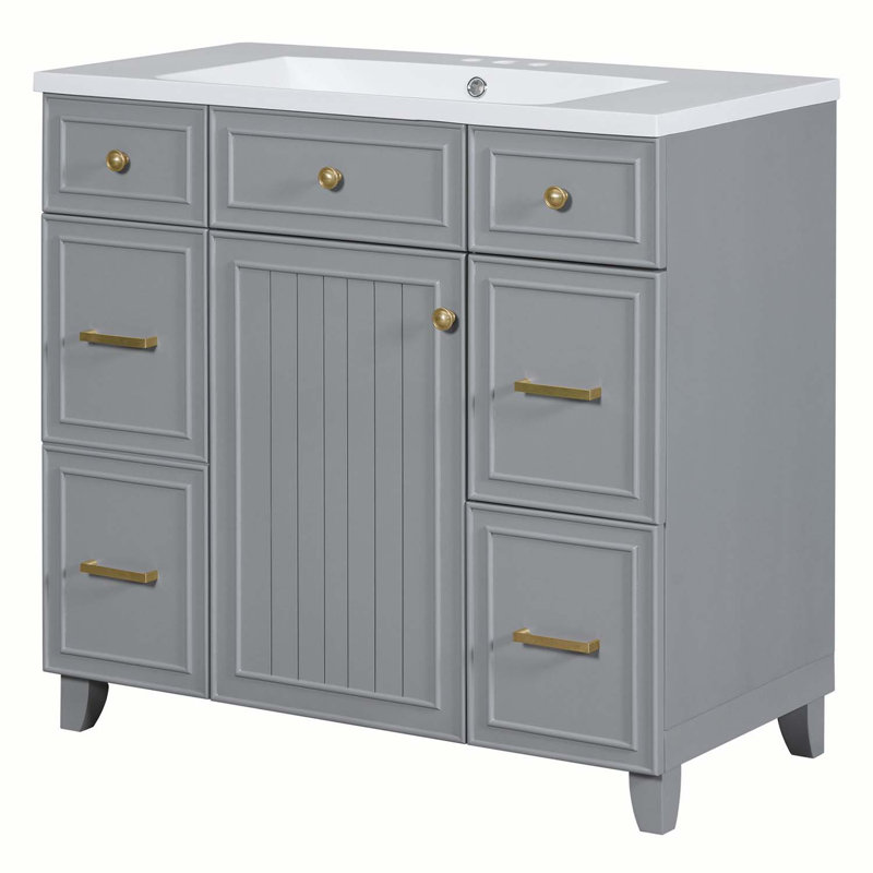 36 Inch Grey Bathroom Vanity with Ceramic Sink, Solid Wood Frame with Soft Close Doors, Adjustable Shelves and Double-Depth Drawer