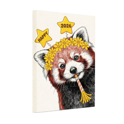 Red Panda With Flower Crown And Party Hat Canvas Wrapped Wall Art Oil Painting Print Set Of 1