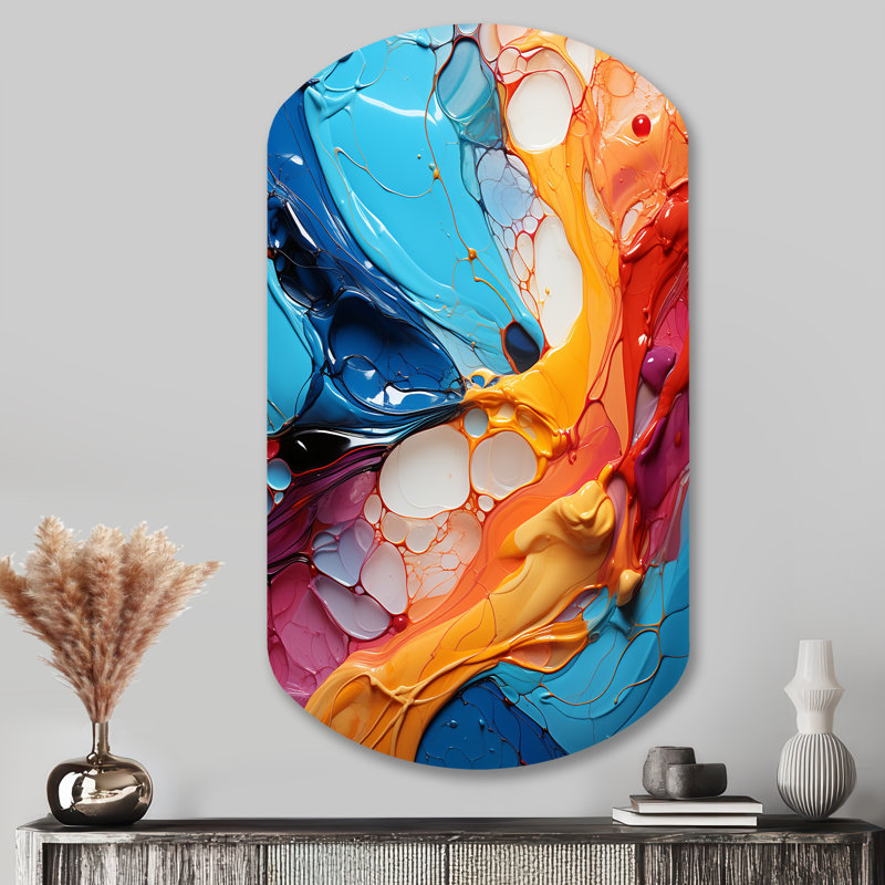 «Teal Orange Abstract Fractal Collage Symphony», art mural asymétrique en métal fractal, impression sur métal cylindrique bleu sarcelle