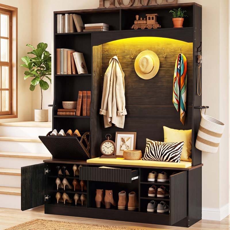 Portemanteau 6-en-1 de 57,8 po de largeur avec banc et rangement pour chaussures, portemanteau avec éclairage DEL, Black