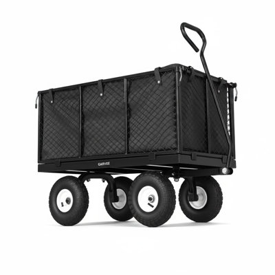 800LBS Black Heavy Duty Steel Garden Wagon Cart with waterproof liner Metal Yard Utility Cart with Removable Mesh Sides 10 Inch All Terrain Wheels 180° Swivel Pull Handle Outdoor Utility Wagon
