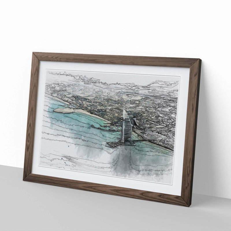 Burj Al Arab Hotel Dubai Skyline in Abstract - Picture Frame Graphic Art Print, 27cm H x 36cm W x 2cm D, Walnut Framed