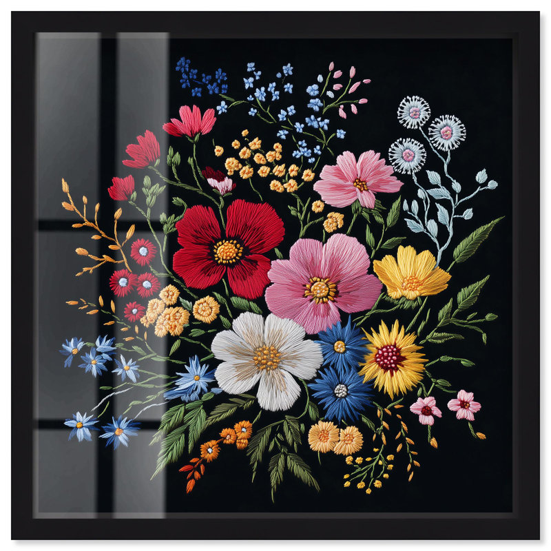 «Midnight Wildflower Weave Shadowbox», art mural maximaliste par Art Remedy, H 13 po x l 13 po, Noir
