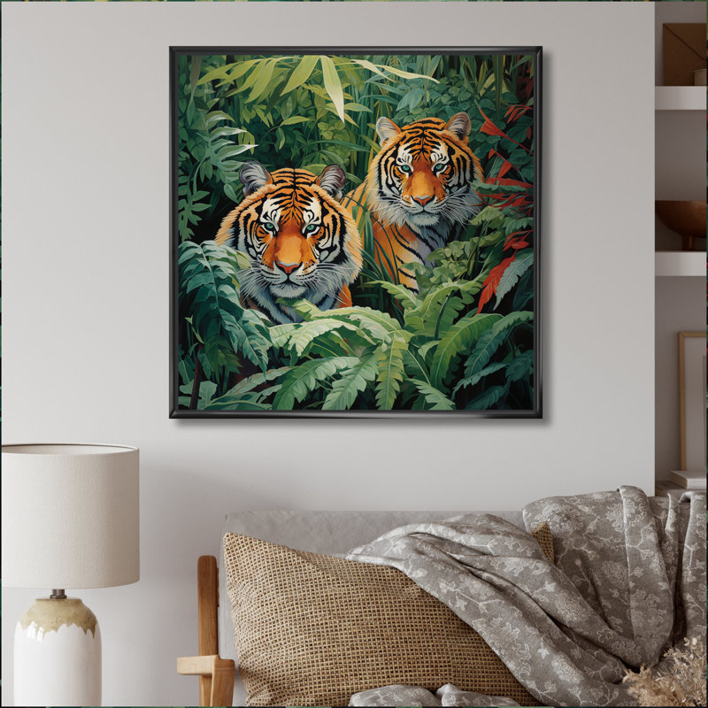 «Asian Art Tigers In Jungle VI», reproduction sur toile, H 24 po x l 24 po, Cadre flottant noir