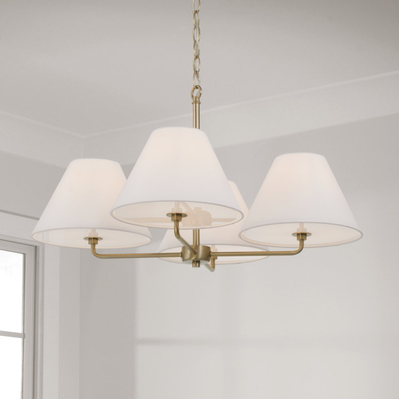 27"W x 15"H 4-Light Chandelier in Matte Brass with White Fabric Shades and Glass Diffusers