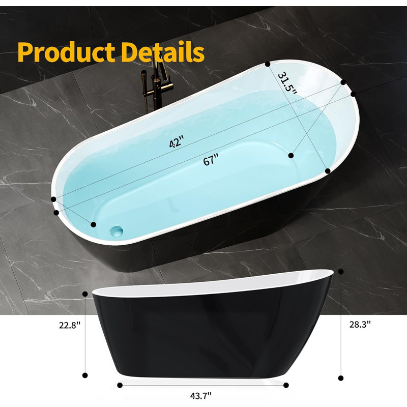 Deep Freestanding Acrylic Bathtub with Chrome Drain, Ergonomic Shape Tub for Bathroom