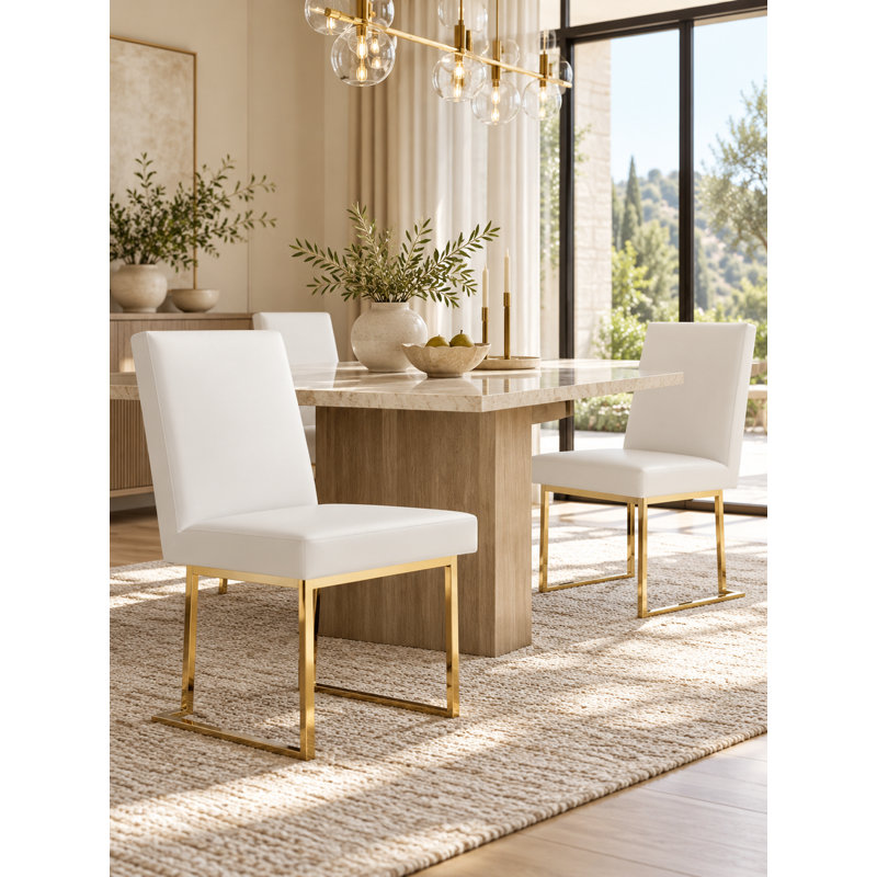 Pangea Home Dexter Modern Upholstered Faux/Vegan Leather Dining Side Chair (Set of 2) – Upholstered Dining Chairs with Steel Legs, Contemporary Kitchen & Dining Room Seating - White with Gold Legs