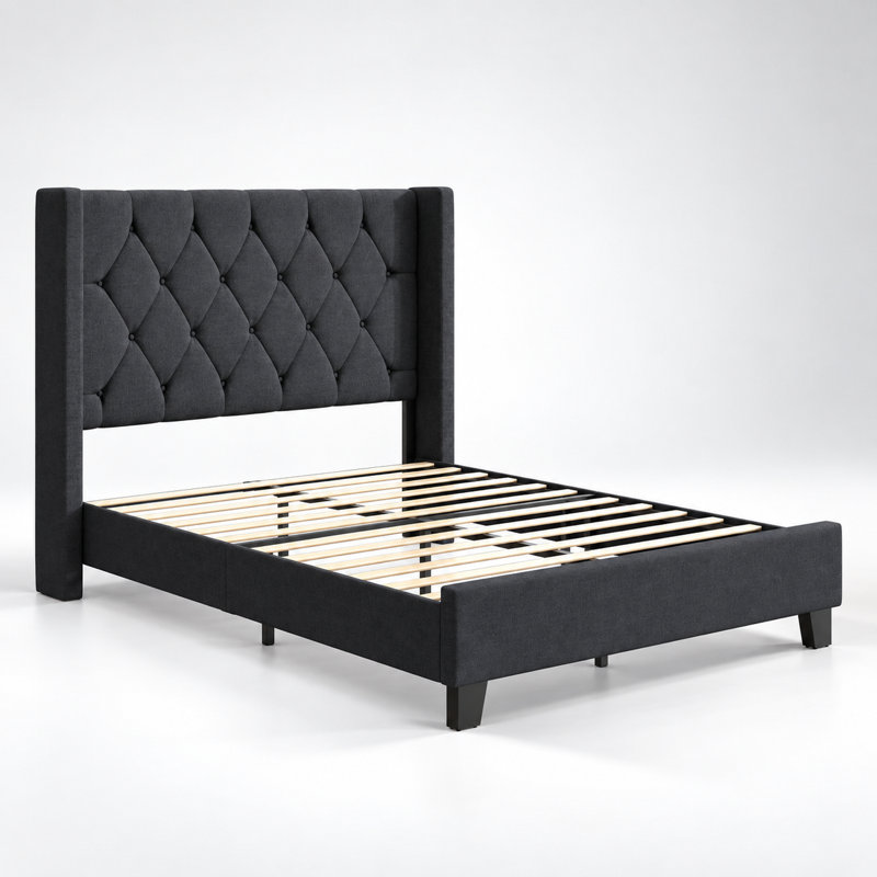 Cadre de lit plateforme Queen Size avec tête de lit capitonnée en velours, lit rembourré avec sommier à lattes en bois robuste