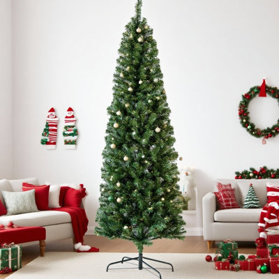 Arbre de Noël mince 6,5 pi pré-éclairé - arbre de Noël artificiel partiellement floqué et givré avec base en métal pliable
