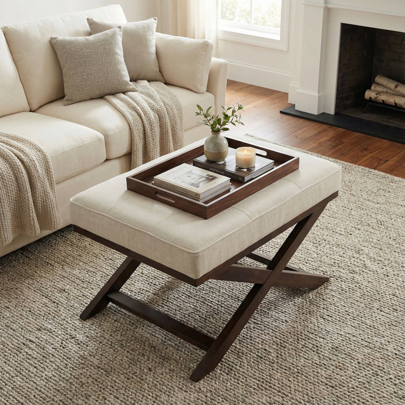 Repose-pieds de banc Allson «X» en tissu de lin avec pieds en bois de noyer, Beige
