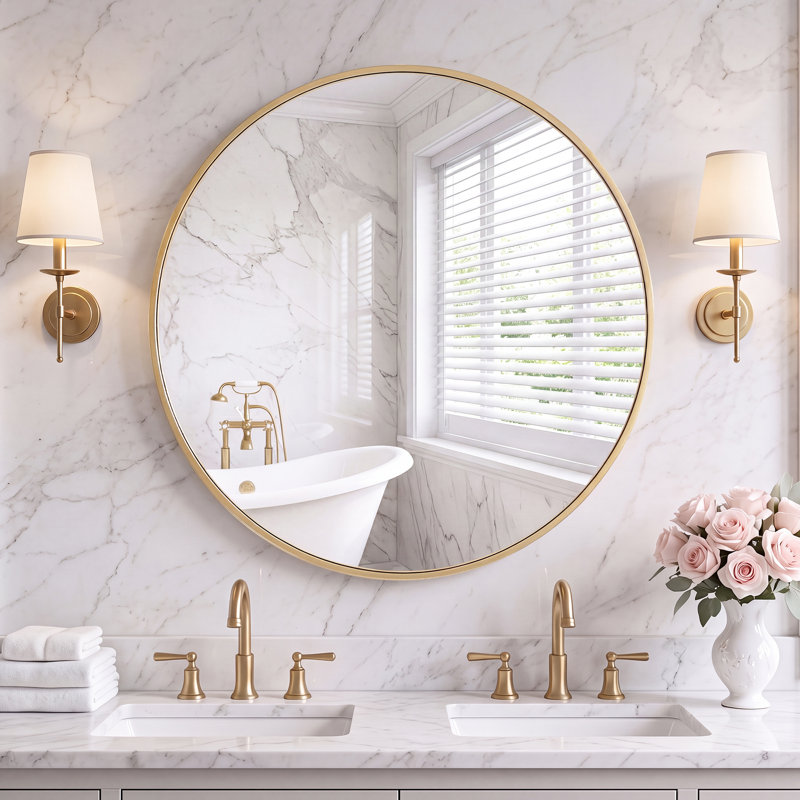 Metal Round Wall Mirror, Gold, 24" x 24"
