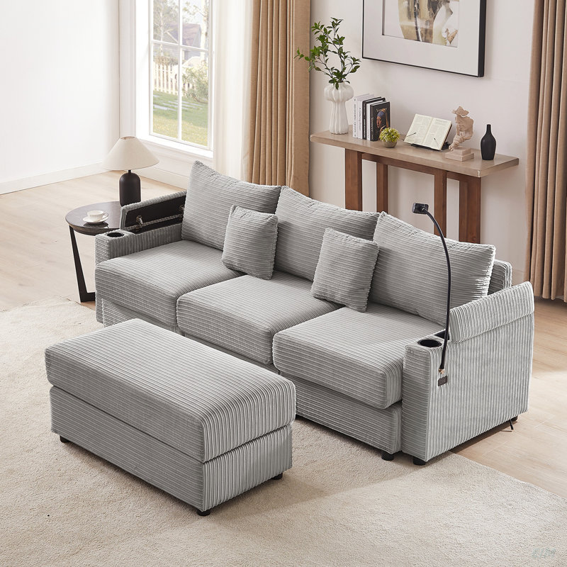Canapé-lit simple de style moderne avec espace de rangement, repose-pieds mobile, deux ports USB, deux porte-gobelets, un porte-téléphone pour le salon