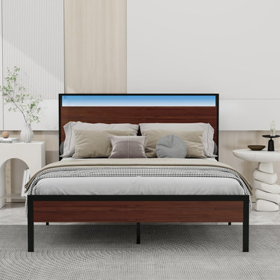 Bed Frame With Led Lights, Metal Bed Frame With Charging Station, Double-Layer Storage Headboard, No Spring Mattress Required, Sturdy Support Legs, Mahogany Color