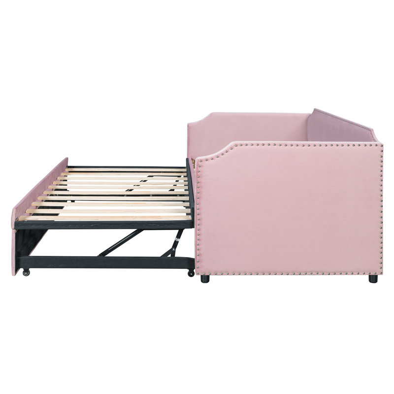 Twin-Size Pink Velvet Upholstered Daybed with Pop-Up Trundle, Pink