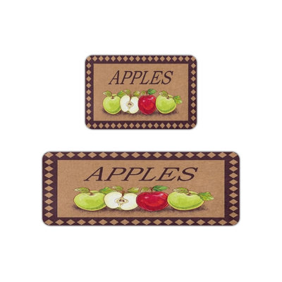 Vintage Apple Print Kitchen Mats for Kitchen & Dining Room, Green Red Brown 2 Pack