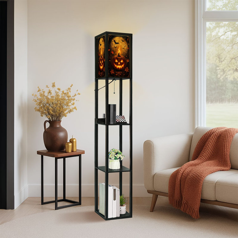 Lampe sur pied à DEL Dimmable O Lantern Flame citrouille sous la pleine lune Halloween gothique rétro, lampe sur pied en MDF avec télécommande, 3 lumières de couleur, pour le salon, la chambre à coucher