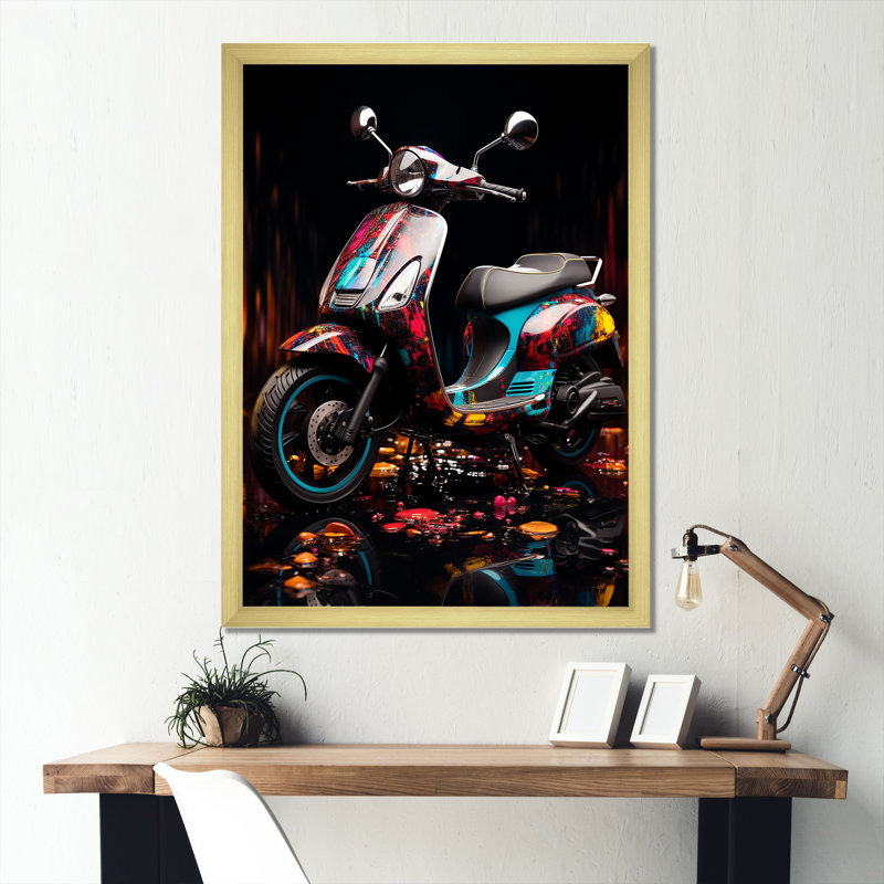 Pop Art Scooter Blaze I sur toile, Cadre doré simple, H 44 po x l 34 po x P 1,5 po