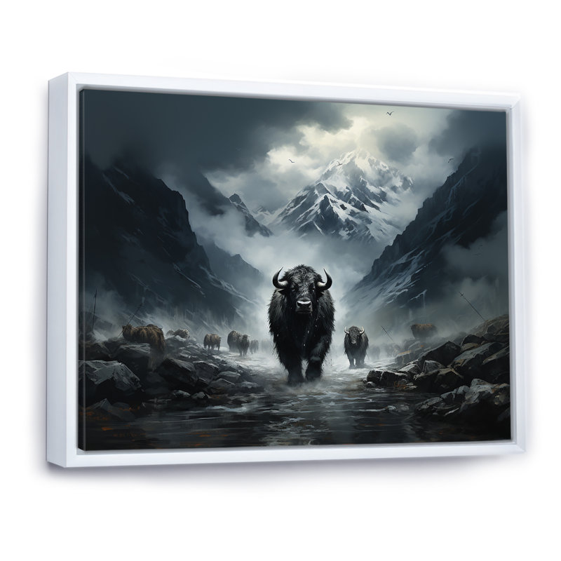 Minimalisme, yaks noirs, impression sur toile, Cadre flottant blanc, 12" H x 20" W