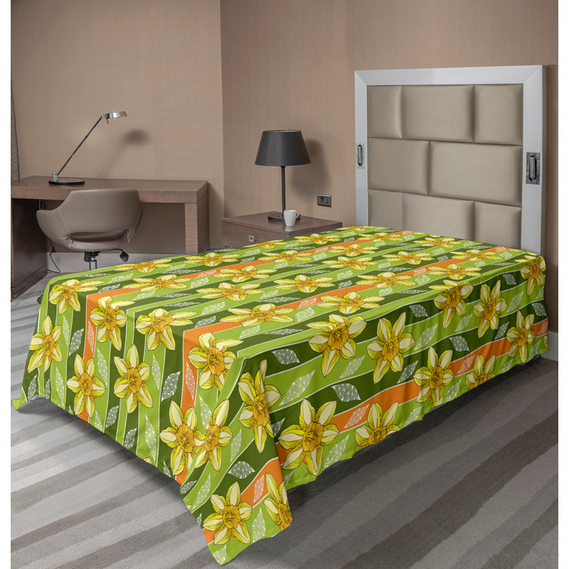 Ambesonne Top Flat Sheet Curving Art, Twin Flat Sheet, Green Yellow Floral