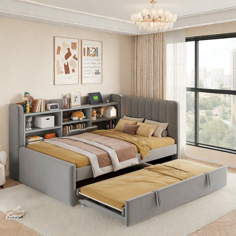Upholstered Daybed With Trundle, Storage Shelves, Usb & Outlet And Vertical Striped Design, Gray
