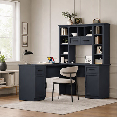 L-Shaped Computer Desk, Antique Blue, 2 Cabinets, 2 Drawers & 11 Shelves, with Power Outlet