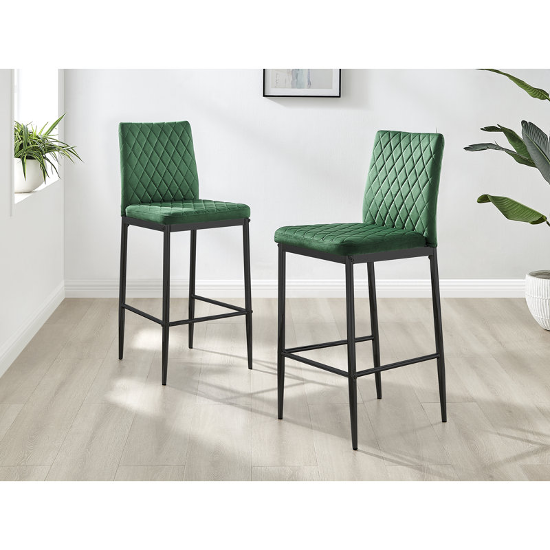 Kenesaw Luxury Breakfast Bar Stool in Quilted Design Velvet Black Leg - Modern Chic Kitchen, Green