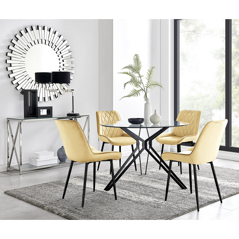 Modern Casino Glass and Metal Hairpin Leg Dining Table Set With 4 Luxury Velvet Dining Chairs, Mustard/Black
