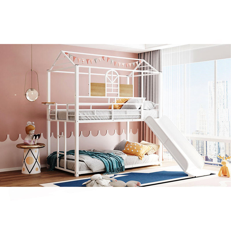 Lit superposé simple au-dessus d'un lit simple, lit de maison en métal avec glissade, trois couleurs disponibles (blanc avec glissoire blanche)