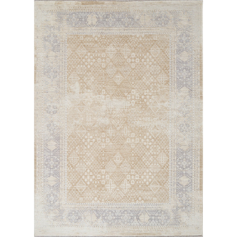 Mona Power Loom Polyester Geometric Area Rug in Beige/Light Blue, Rectangle 4' x 5'9"