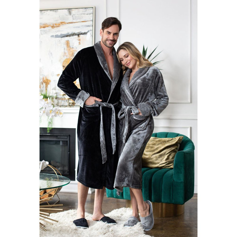  Peignoir en molleton mi-mollet avec poches, Gris noir, G / TG