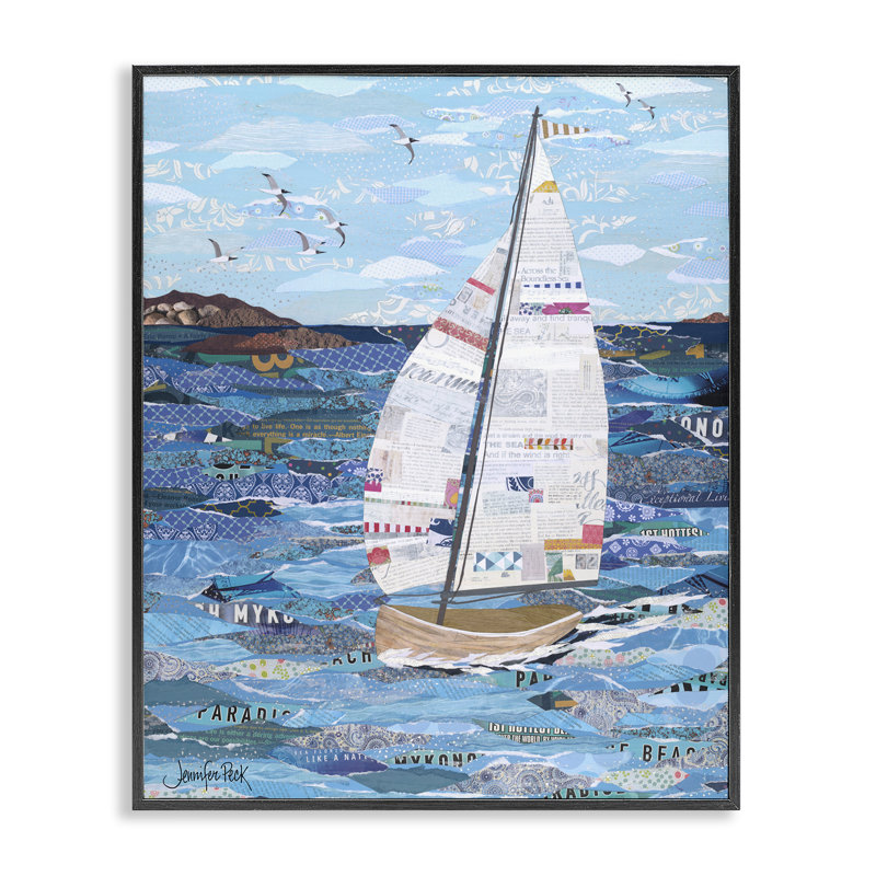 Collage d'une scène de voilier, estampe numérique encadrée par Jennifer Peck, Giclée encadrée noir minuit, H 14 po x l 11 po