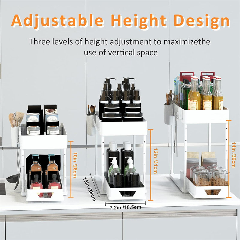 White Adjustable Height 2-Tier Under Sink Organizer with Slide-Out Drawers