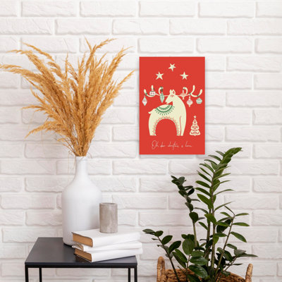 Oh Deer Christmas Is Here Red Bold Minimalist Playful Deer Winter Wall Art Print 1 Piece Wrapped Canvas Wall Art