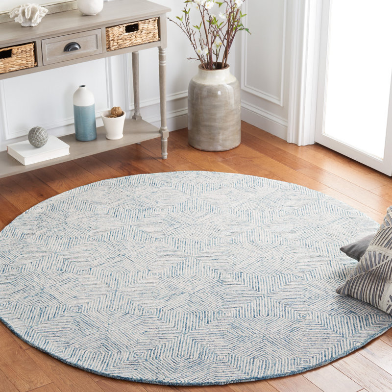 Jaykon Hand Tufted Wool/Cotton Geometric Rug in Blue/Ivory, Round 6'